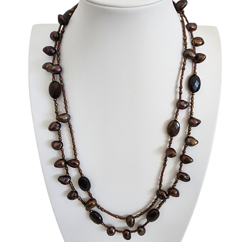 Baroque pearl necklace double strand brown genuine pearls A0385 Q7